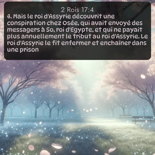Segond 2 Rois  ; image nature: image avec le verset biblique :Mais le roi d&#039;Assyrie découvrit une conspiration chez Osée, qui avait envoyé des messagers à So, roi d&#039;Egypte, et qui ne payait plus annuellement le tribut au roi d&#039;Assyrie. Le roi d&#039;Assyrie le fit enfermer et enchaîner dans une prison. ;  ; 17:4