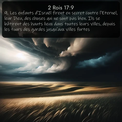 Segond 2 Rois  ; image nature: image avec le verset biblique :Les enfants d&#039;Israël firent en secret contre l&#039;Eternel, leur Dieu, des choses qui ne sont pas bien. Ils se bâtirent des hauts lieux dans toutes leurs villes, depuis les tours des gardes jusqu&#039;aux villes fortes. ;  ; 17:9