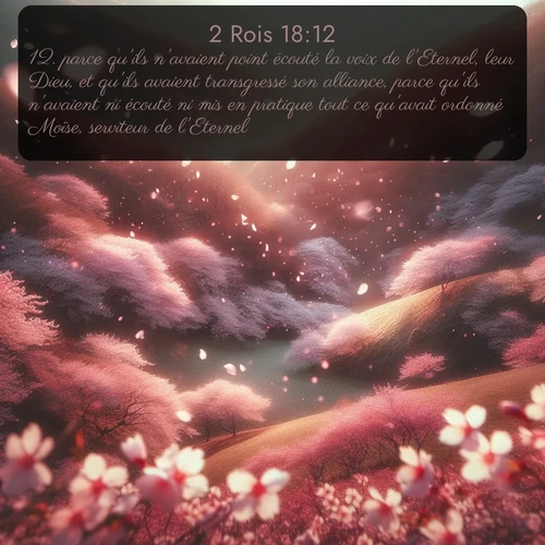 Segond 2 Rois  ; image nature: image avec le verset biblique :parce qu&#039;ils n&#039;avaient point écouté la voix de l&#039;Eternel, leur Dieu, et qu&#039;ils avaient transgressé son alliance, parce qu&#039;ils n&#039;avaient ni écouté ni mis en pratique tout ce qu&#039;avait ordonné Moïse, serviteur de l&#039;Eternel. ;  ; 18:12
