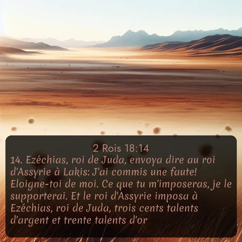 Segond 2 Rois  ; image nature: image avec le verset biblique :Ezéchias, roi de Juda, envoya dire au roi d&#039;Assyrie à Lakis: J&#039;ai commis une faute! Eloigne-toi de moi. Ce que tu m&#039;imposeras, je le supporterai. Et le roi d&#039;Assyrie imposa à Ezéchias, roi de Juda, trois cents talents d&#039;argent et trente talents d&#039;or. ;  ; 18:14