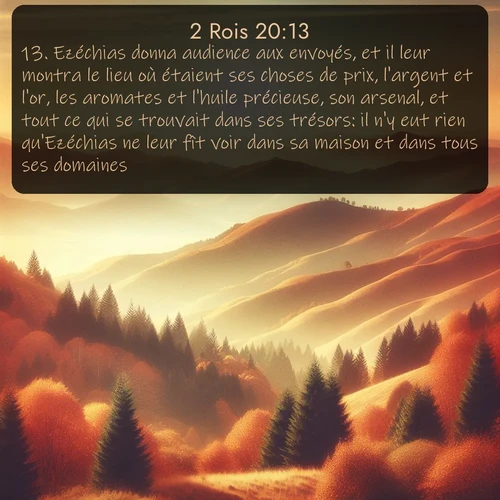 Segond 2 Rois  ; image nature: image avec le verset biblique :Ezéchias donna audience aux envoyés, et il leur montra le lieu où étaient ses choses de prix, l&#039;argent et l&#039;or, les aromates et l&#039;huile précieuse, son arsenal, et tout ce qui se trouvait dans ses trésors: il n&#039;y eut rien qu&#039;Ezéchias ne leur fît voir dans sa maison et dans tous ses domaines. ;  ; 20:13