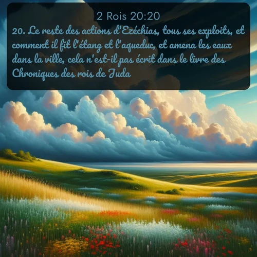 Segond 2 Rois  ; image nature: image avec le verset biblique :Le reste des actions d&#039;Ezéchias, tous ses exploits, et comment il fit l&#039;étang et l&#039;aqueduc, et amena les eaux dans la ville, cela n&#039;est-il pas écrit dans le livre des Chroniques des rois de Juda? ;  ; 20:20