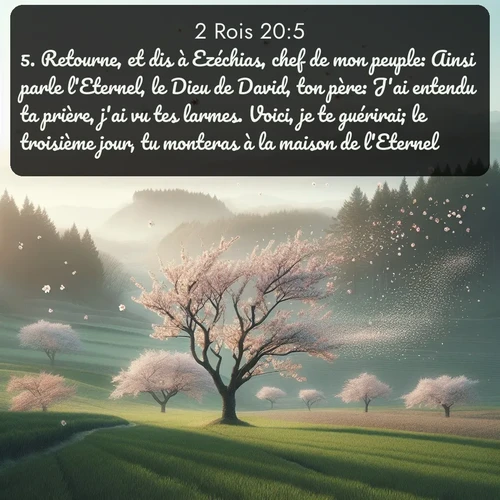 Segond 2 Rois  ; image nature: image avec le verset biblique :Retourne, et dis à Ezéchias, chef de mon peuple: Ainsi parle l&#039;Eternel, le Dieu de David, ton père: J&#039;ai entendu ta prière, j&#039;ai vu tes larmes. Voici, je te guérirai; le troisième jour, tu monteras à la maison de l&#039;Eternel. ;  ; 20:5