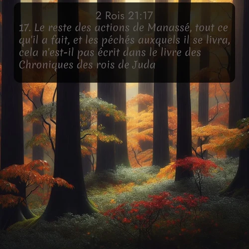 Segond 2 Rois  ; image nature: image avec le verset biblique :Le reste des actions de Manassé, tout ce qu&#039;il a fait, et les péchés auxquels il se livra, cela n&#039;est-il pas écrit dans le livre des Chroniques des rois de Juda? ;  ; 21:17