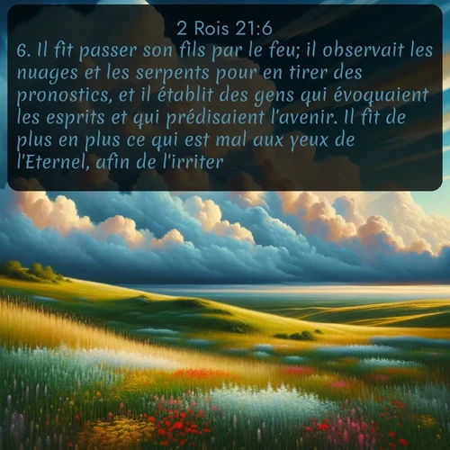 Segond 2 Rois  ; image nature: image avec le verset biblique :Il fit passer son fils par le feu; il observait les nuages et les serpents pour en tirer des pronostics, et il établit des gens qui évoquaient les esprits et qui prédisaient l&#039;avenir. Il fit de plus en plus ce qui est mal aux yeux de l&#039;Eternel, afin de l&#039;irriter. ;  ; 21:6