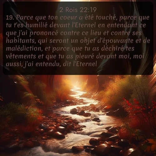 Segond 2 Rois  ; image nature: image avec le verset biblique :Parce que ton coeur a été touché, parce que tu t&#039;es humilié devant l&#039;Eternel en entendant ce que j&#039;ai prononcé contre ce lieu et contre ses habitants, qui seront un objet d&#039;épouvante et de malédiction, et parce que tu as déchiré tes vêtements et que tu as pleuré devant moi, moi aussi, j&#039;ai entendu, dit l&#039;Eternel. ;  ; 22:19