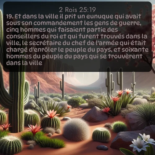 Segond 2 Rois  ; image nature: image avec le verset biblique :Et dans la ville il prit un eunuque qui avait sous son commandement les gens de guerre, cinq hommes qui faisaient partie des conseillers du roi et qui furent trouvés dans la ville, le secrétaire du chef de l&#039;armée qui était chargé d&#039;enrôler le peuple du pays, et soixante hommes du peuple du pays qui se trouvèrent dans la ville. ;  ; 25:19