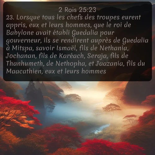 Segond 2 Rois  ; image nature: image avec le verset biblique :Lorsque tous les chefs des troupes eurent appris, eux et leurs hommes, que le roi de Babylone avait établi Guedalia pour gouverneur, ils se rendirent auprès de Guedalia à Mitspa, savoir Ismaël, fils de Nethania, Jochanan, fils de Karéach, Seraja, fils de Thanhumeth, de Nethopha, et Jaazania, fils du Maacathien, eux et leurs hommes. ;  ; 25:23
