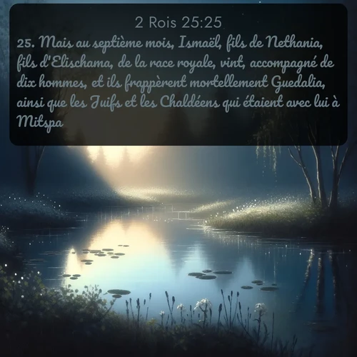 Segond 2 Rois  ; image nature: image avec le verset biblique :Mais au septième mois, Ismaël, fils de Nethania, fils d&#039;Elischama, de la race royale, vint, accompagné de dix hommes, et ils frappèrent mortellement Guedalia, ainsi que les Juifs et les Chaldéens qui étaient avec lui à Mitspa. ;  ; 25:25