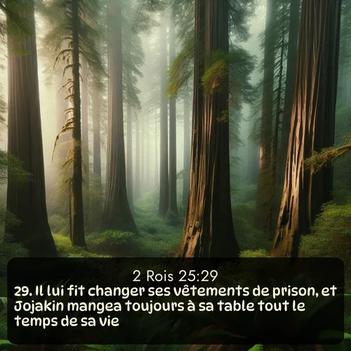 Segond 2 Rois  ; image nature: image avec le verset biblique :Il lui fit changer ses vêtements de prison, et Jojakin mangea toujours à sa table tout le temps de sa vie. ;  ; 25:29