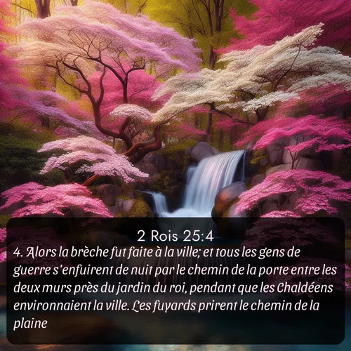 Segond 2 Rois  ; image nature: image avec le verset biblique :Alors la brèche fut faite à la ville; et tous les gens de guerre s&#039;enfuirent de nuit par le chemin de la porte entre les deux murs près du jardin du roi, pendant que les Chaldéens environnaient la ville. Les fuyards prirent le chemin de la plaine. ;  ; 25:4