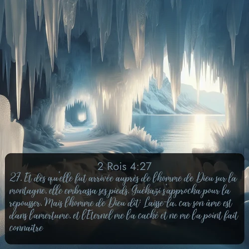 Segond 2 Rois  ; image nature: image avec le verset biblique :Et dès qu&#039;elle fut arrivée auprès de l&#039;homme de Dieu sur la montagne, elle embrassa ses pieds. Guéhazi s&#039;approcha pour la repousser. Mais l&#039;homme de Dieu dit: Laisse-la, car son âme est dans l&#039;amertume, et l&#039;Eternel me l&#039;a caché et ne me l&#039;a point fait connaître. ;  ; 4:27