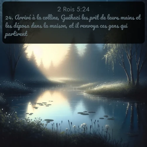 Segond 2 Rois  ; image nature: image avec le verset biblique :Arrivé à la colline, Guéhazi les prit de leurs mains et les déposa dans la maison, et il renvoya ces gens qui partirent. ;  ; 5:24