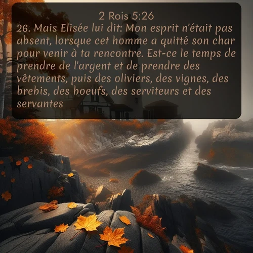 Segond 2 Rois  ; image nature: image avec le verset biblique :Mais Elisée lui dit: Mon esprit n&#039;était pas absent, lorsque cet homme a quitté son char pour venir à ta rencontre. Est-ce le temps de prendre de l&#039;argent et de prendre des vêtements, puis des oliviers, des vignes, des brebis, des boeufs, des serviteurs et des servantes? ;  ; 5:26