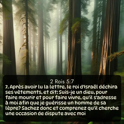 Segond 2 Rois  ; image nature: image avec le verset biblique :Après avoir lu la lettre, le roi d&#039;Israël déchira ses vêtements, et dit: Suis-je un dieu, pour faire mourir et pour faire vivre, qu&#039;il s&#039;adresse à moi afin que je guérisse un homme de sa lèpre? Sachez donc et comprenez qu&#039;il cherche une occasion de dispute avec moi. ;  ; 5:7