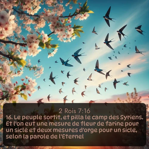 Segond 2 Rois  ; image nature: image avec le verset biblique :Le peuple sortit, et pilla le camp des Syriens. Et l&#039;on eut une mesure de fleur de farine pour un sicle et deux mesures d&#039;orge pour un sicle, selon la parole de l&#039;Eternel. ;  ; 7:16