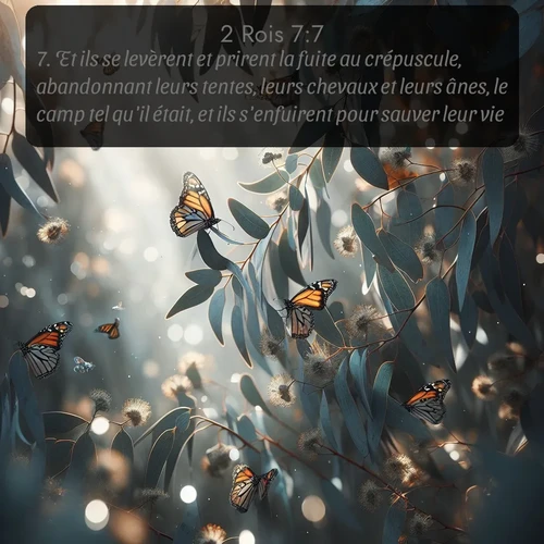 Segond 2 Rois  ; image nature: image avec le verset biblique :Et ils se levèrent et prirent la fuite au crépuscule, abandonnant leurs tentes, leurs chevaux et leurs ânes, le camp tel qu&#039;il était, et ils s&#039;enfuirent pour sauver leur vie. ;  ; 7:7