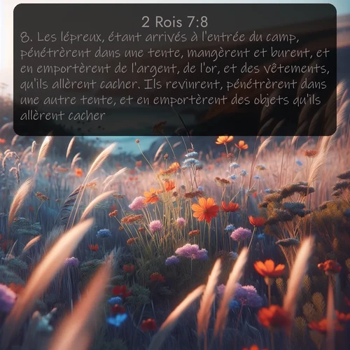 Segond 2 Rois  ; image nature: image avec le verset biblique :Les lépreux, étant arrivés à l&#039;entrée du camp, pénétrèrent dans une tente, mangèrent et burent, et en emportèrent de l&#039;argent, de l&#039;or, et des vêtements, qu&#039;ils allèrent cacher. Ils revinrent, pénétrèrent dans une autre tente, et en emportèrent des objets qu&#039;ils allèrent cacher. ;  ; 7:8