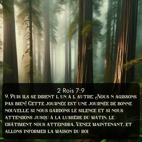 Segond 2 Rois  ; image nature: image avec le verset biblique :Puis ils se dirent l&#039;un à l&#039;autre: Nous n&#039;agissons pas bien! Cette journée est une journée de bonne nouvelle; si nous gardons le silence et si nous attendons jusqu&#039;à la lumière du matin, le châtiment nous atteindra. Venez maintenant, et allons informer la maison du roi. ;  ; 7:9