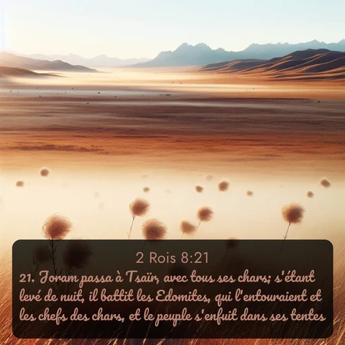 Segond 2 Rois  ; image nature: image avec le verset biblique :Joram passa à Tsaïr, avec tous ses chars; s&#039;étant levé de nuit, il battit les Edomites, qui l&#039;entouraient et les chefs des chars, et le peuple s&#039;enfuit dans ses tentes. ;  ; 8:21