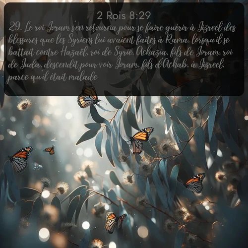 Segond 2 Rois  ; image nature: image avec le verset biblique :Le roi Joram s&#039;en retourna pour se faire guérir à Jizreel des blessures que les Syriens lui avaient faites à Rama, lorsqu&#039;il se battait contre Hazaël, roi de Syrie. Achazia, fils de Joram, roi de Juda, descendit pour voir Joram, fils d&#039;Achab, à Jizreel, parce qu&#039;il était malade. ;  ; 8:29