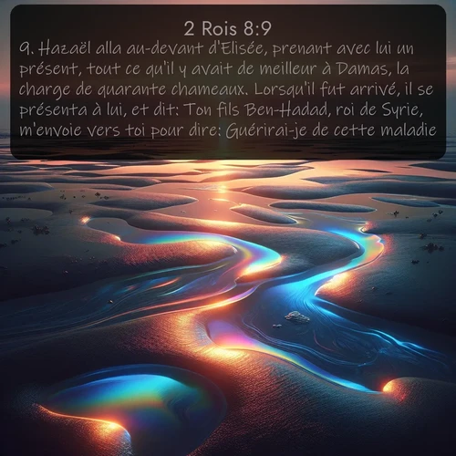 Segond 2 Rois  ; image nature: image avec le verset biblique :Hazaël alla au-devant d&#039;Elisée, prenant avec lui un présent, tout ce qu&#039;il y avait de meilleur à Damas, la charge de quarante chameaux. Lorsqu&#039;il fut arrivé, il se présenta à lui, et dit: Ton fils Ben-Hadad, roi de Syrie, m&#039;envoie vers toi pour dire: Guérirai-je de cette maladie? ;  ; 8:9