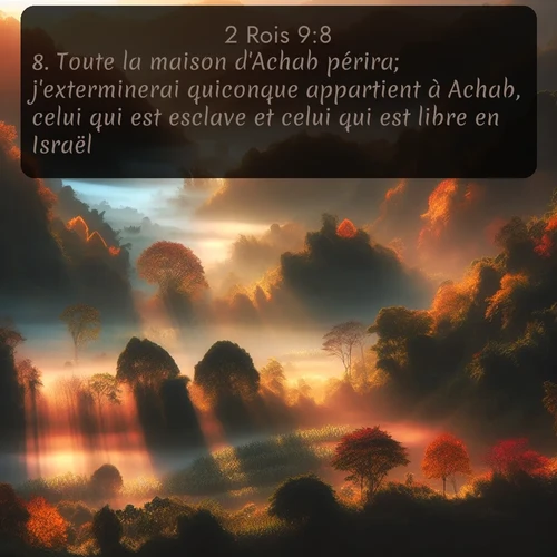 Segond 2 Rois  ; image nature: image avec le verset biblique :Toute la maison d&#039;Achab périra; j&#039;exterminerai quiconque appartient à Achab, celui qui est esclave et celui qui est libre en Israël, ;  ; 9:8