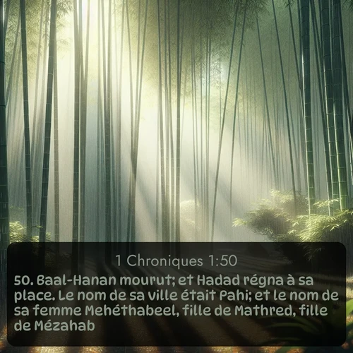 Segond 1 Chroniques  ; image nature: image avec le verset biblique :Baal-Hanan mourut; et Hadad régna à sa place. Le nom de sa ville était Pahi; et le nom de sa femme Mehéthabeel, fille de Mathred, fille de Mézahab. - ;  ; 1:50