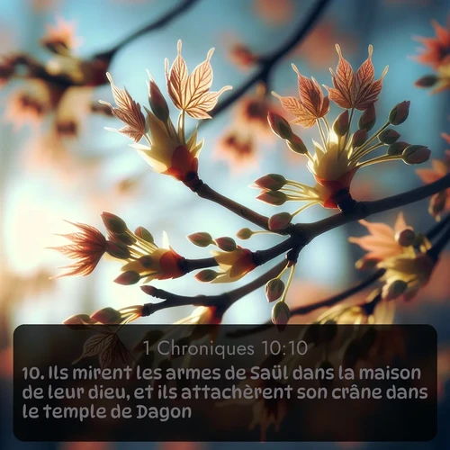 Segond 1 Chroniques  ; image nature: image avec le verset biblique :Ils mirent les armes de Saül dans la maison de leur dieu, et ils attachèrent son crâne dans le temple de Dagon. ;  ; 10:10