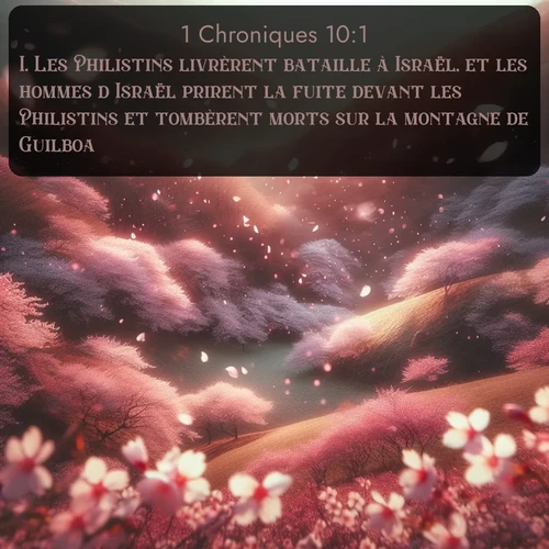Segond 1 Chroniques  ; image nature: image avec le verset biblique :Les Philistins livrèrent bataille à Israël, et les hommes d&#039;Israël prirent la fuite devant les Philistins et tombèrent morts sur la montagne de Guilboa. ;  ; 10:1