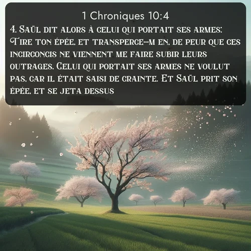 Segond 1 Chroniques  ; image nature: image avec le verset biblique :Saül dit alors à celui qui portait ses armes: Tire ton épée, et transperce-m&#039;en, de peur que ces incirconcis ne viennent me faire subir leurs outrages. Celui qui portait ses armes ne voulut pas, car il était saisi de crainte. Et Saül prit son épée, et se jeta dessus. ;  ; 10:4