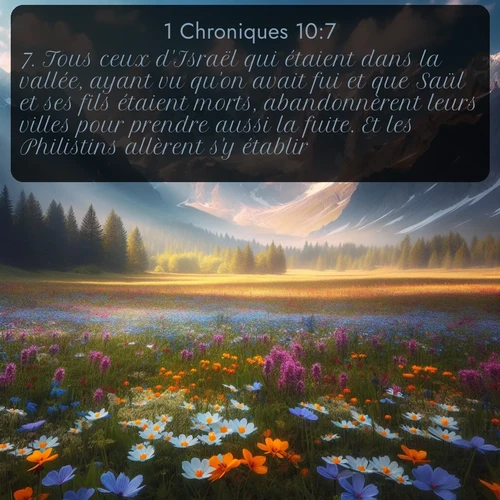Segond 1 Chroniques  ; image nature: image avec le verset biblique :Tous ceux d&#039;Israël qui étaient dans la vallée, ayant vu qu&#039;on avait fui et que Saül et ses fils étaient morts, abandonnèrent leurs villes pour prendre aussi la fuite. Et les Philistins allèrent s&#039;y établir. ;  ; 10:7