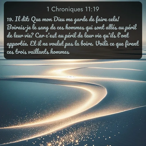 Segond 1 Chroniques  ; image nature: image avec le verset biblique :Il dit: Que mon Dieu me garde de faire cela! Boirais-je le sang de ces hommes qui sont allés au péril de leur vie? Car c&#039;est au péril de leur vie qu&#039;ils l&#039;ont apportée. Et il ne voulut pas la boire. Voilà ce que firent ces trois vaillants hommes. ;  ; 11:19