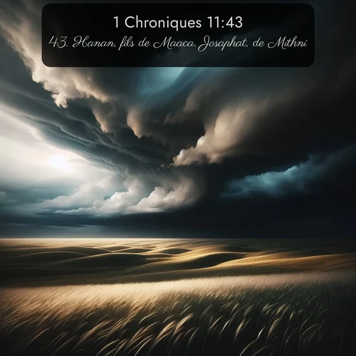 Segond 1 Chroniques  ; image nature: image avec le verset biblique :Hanan, fils de Maaca. Josaphat, de Mithni. ;  ; 11:43