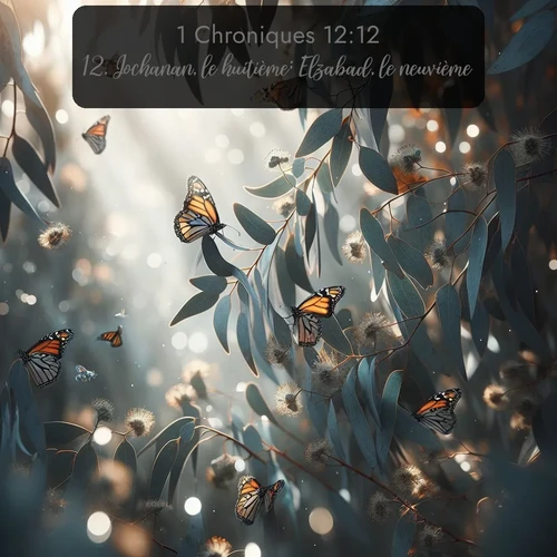 Segond 1 Chroniques  ; image nature: image avec le verset biblique :Jochanan, le huitième; Elzabad, le neuvième; ;  ; 12:12