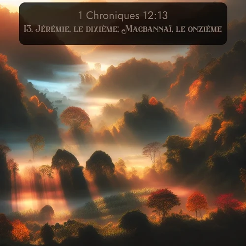 Segond 1 Chroniques  ; image nature: image avec le verset biblique :Jérémie, le dixième; Macbannaï, le onzième. ;  ; 12:13