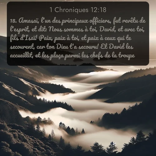 Segond 1 Chroniques  ; image nature: image avec le verset biblique :Amasaï, l&#039;un des principaux officiers, fut revêtu de l&#039;esprit, et dit: Nous sommes à toi, David, et avec toi, fils d&#039;Isaï! Paix, paix à toi, et paix à ceux qui te secourent, car ton Dieu t&#039;a secouru! Et David les accueillit, et les plaça parmi les chefs de la troupe. ;  ; 12:18