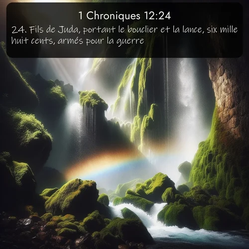 Segond 1 Chroniques  ; image nature: image avec le verset biblique :Fils de Juda, portant le bouclier et la lance, six mille huit cents, armés pour la guerre. ;  ; 12:24