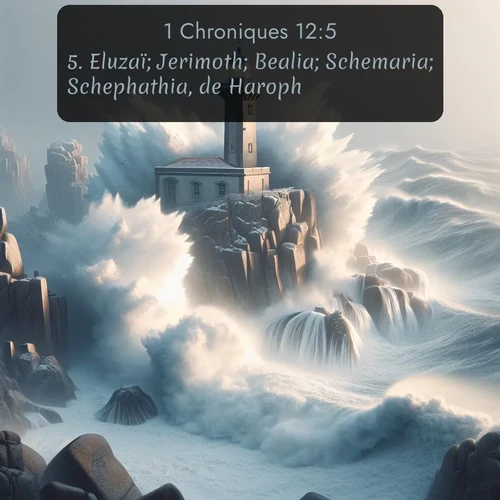 Segond 1 Chroniques  ; image nature: image avec le verset biblique :Eluzaï; Jerimoth; Bealia; Schemaria; Schephathia, de Haroph; ;  ; 12:5