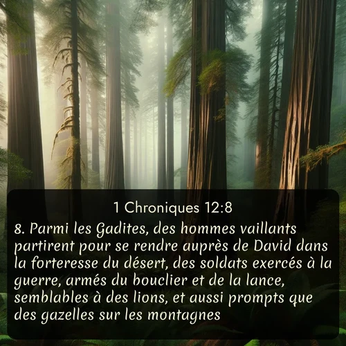 Segond 1 Chroniques  ; image nature: image avec le verset biblique :Parmi les Gadites, des hommes vaillants partirent pour se rendre auprès de David dans la forteresse du désert, des soldats exercés à la guerre, armés du bouclier et de la lance, semblables à des lions, et aussi prompts que des gazelles sur les montagnes. ;  ; 12:8