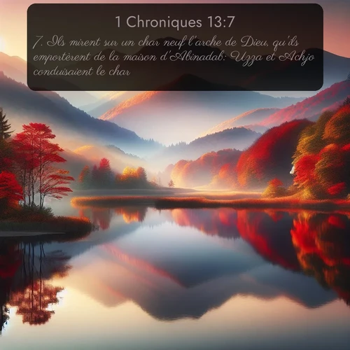 Segond 1 Chroniques  ; image nature: image avec le verset biblique :Ils mirent sur un char neuf l&#039;arche de Dieu, qu&#039;ils emportèrent de la maison d&#039;Abinadab: Uzza et Achjo conduisaient le char. ;  ; 13:7