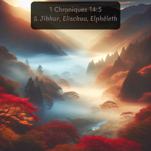 Segond 1 Chroniques  ; image nature: image avec le verset biblique :Jibhar, Elischua, Elphéleth, ;  ; 14:5