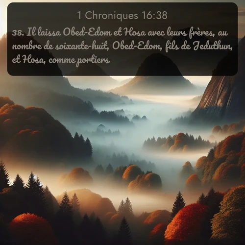 Segond 1 Chroniques  ; image nature: image avec le verset biblique :Il laissa Obed-Edom et Hosa avec leurs frères, au nombre de soixante-huit, Obed-Edom, fils de Jeduthun, et Hosa, comme portiers. ;  ; 16:38