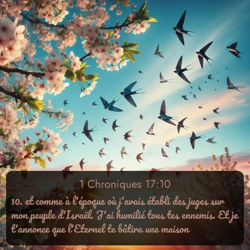 Segond 1 Chroniques  ; image nature: image avec le verset biblique :et comme à l&#039;époque où j&#039;avais établi des juges sur mon peuple d&#039;Israël. J&#039;ai humilié tous tes ennemis. Et je t&#039;annonce que l&#039;Eternel te bâtira une maison. ;  ; 17:10
