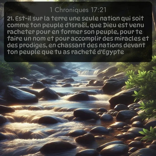 Segond 1 Chroniques  ; image nature: image avec le verset biblique :Est-il sur la terre une seule nation qui soit comme ton peuple d&#039;Israël, que Dieu est venu racheter pour en former son peuple, pour te faire un nom et pour accomplir des miracles et des prodiges, en chassant des nations devant ton peuple que tu as racheté d&#039;Egypte? ;  ; 17:21