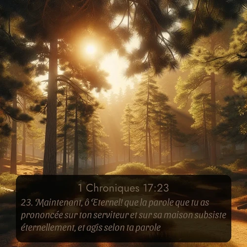 Segond 1 Chroniques  ; image nature: image avec le verset biblique :Maintenant, ô Eternel! que la parole que tu as prononcée sur ton serviteur et sur sa maison subsiste éternellement, et agis selon ta parole! ;  ; 17:23