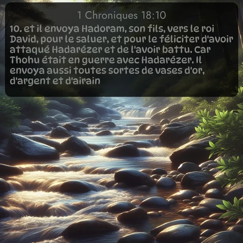 Segond 1 Chroniques  ; image nature: image avec le verset biblique :et il envoya Hadoram, son fils, vers le roi David, pour le saluer, et pour le féliciter d&#039;avoir attaqué Hadarézer et de l&#039;avoir battu. Car Thohu était en guerre avec Hadarézer. Il envoya aussi toutes sortes de vases d&#039;or, d&#039;argent et d&#039;airain. ;  ; 18:10