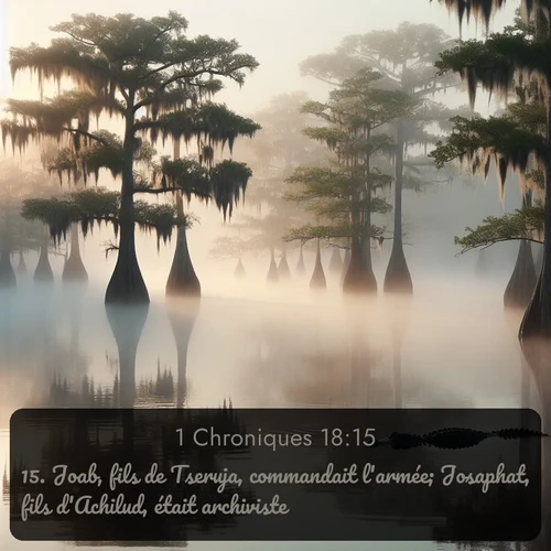 Segond 1 Chroniques  ; image nature: image avec le verset biblique :Joab, fils de Tseruja, commandait l&#039;armée; Josaphat, fils d&#039;Achilud, était archiviste; ;  ; 18:15