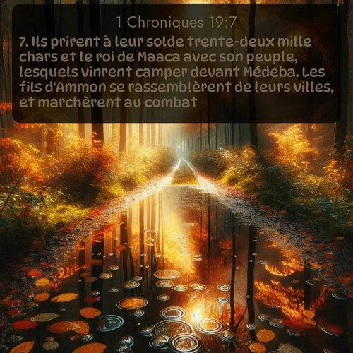 Segond 1 Chroniques  ; image nature: image avec le verset biblique :Ils prirent à leur solde trente-deux mille chars et le roi de Maaca avec son peuple, lesquels vinrent camper devant Médeba. Les fils d&#039;Ammon se rassemblèrent de leurs villes, et marchèrent au combat. ;  ; 19:7