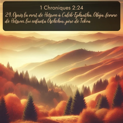 Segond 1 Chroniques  ; image nature: image avec le verset biblique :Après la mort de Hetsron à Caleb-Ephratha, Abija, femme de Hetsron, lui enfanta Aschchur, père de Tekoa. ;  ; 2:24